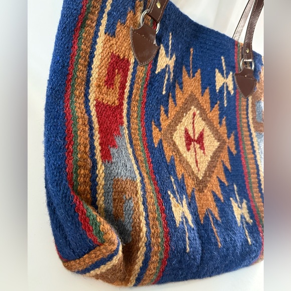 El Paso Saddle Blanket Southwestern Wool Tote Bag with Leather Straps - Picture 3 of 9